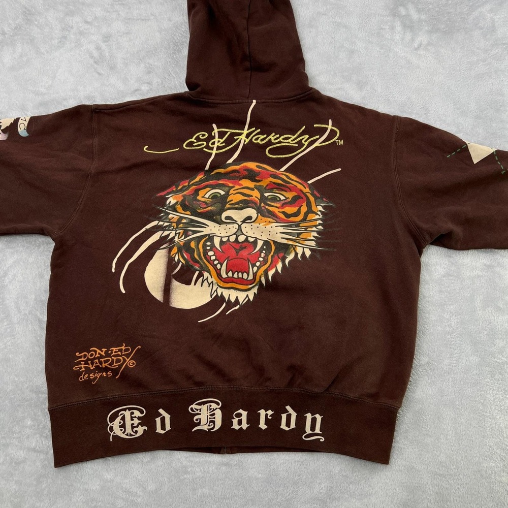 Vintage Ed Hardy Tiger Graphic Zip Hoodie Size L Brown Mens Y2K Streetwear